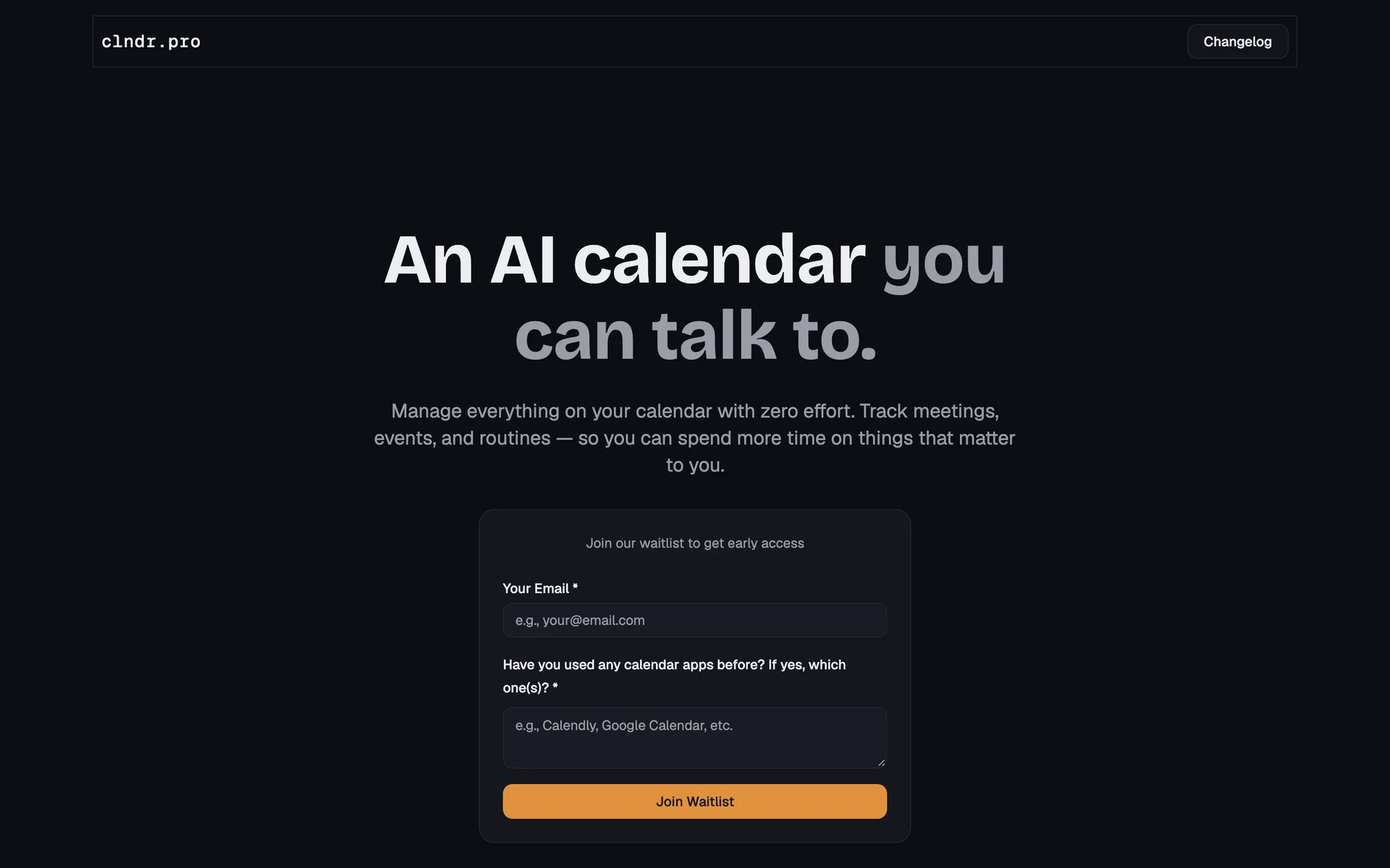 clndr.pro landing page, dark mode