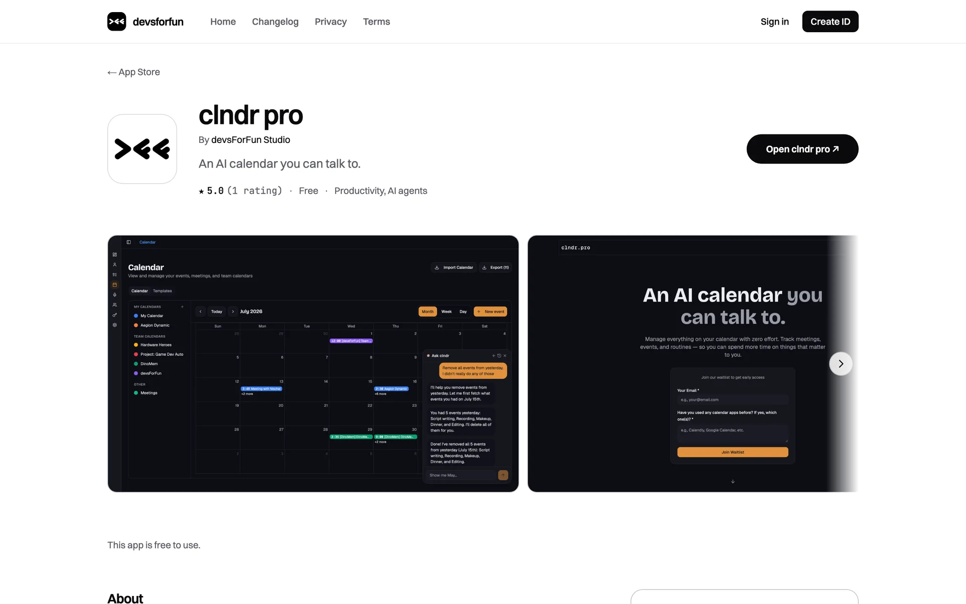clndr.pro on the devsforfun app store