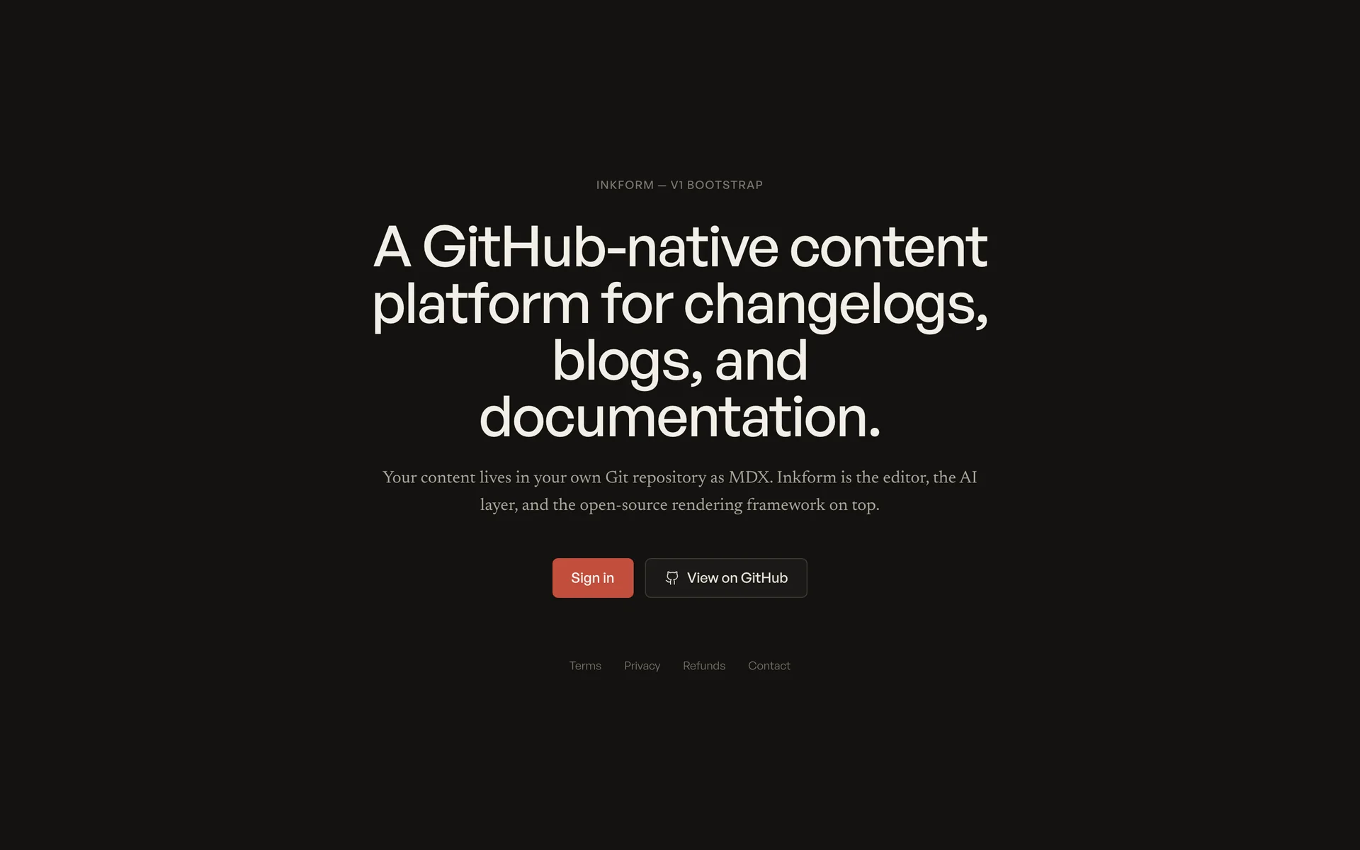 Inkform landing page, dark mode