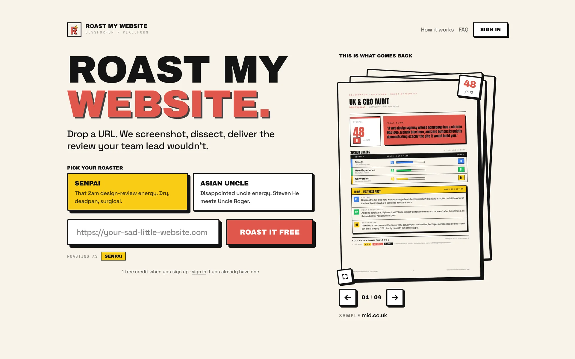 Roast My Website landing page