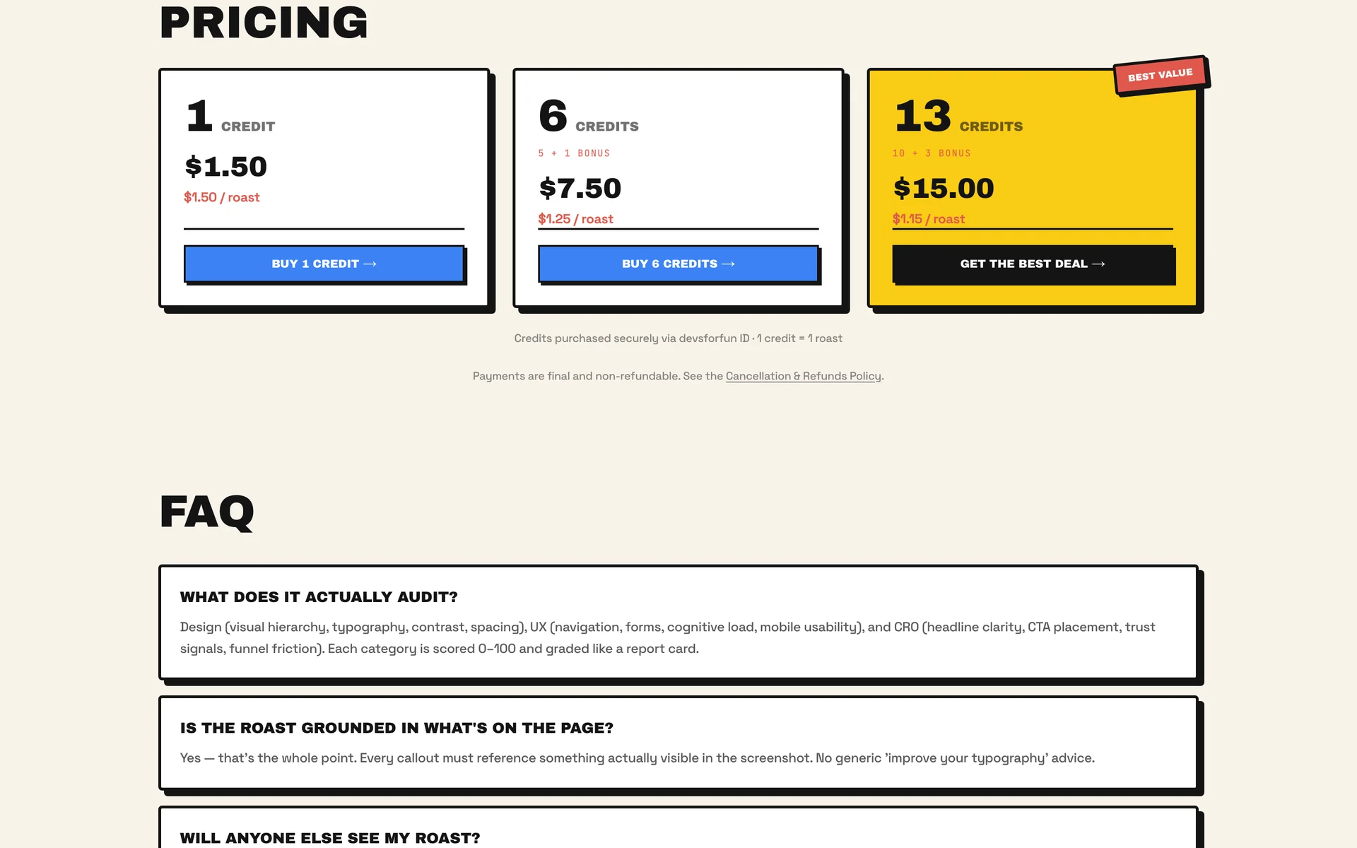 Roast My Website pricing