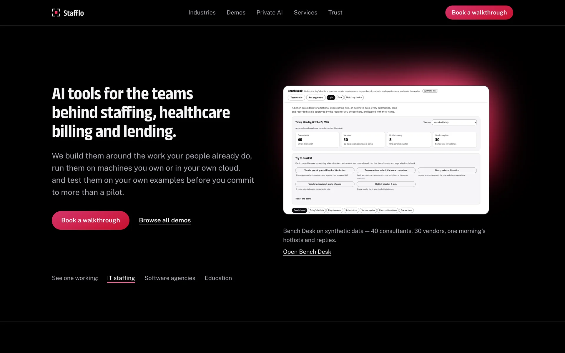 Stafflo landing page, dark mode